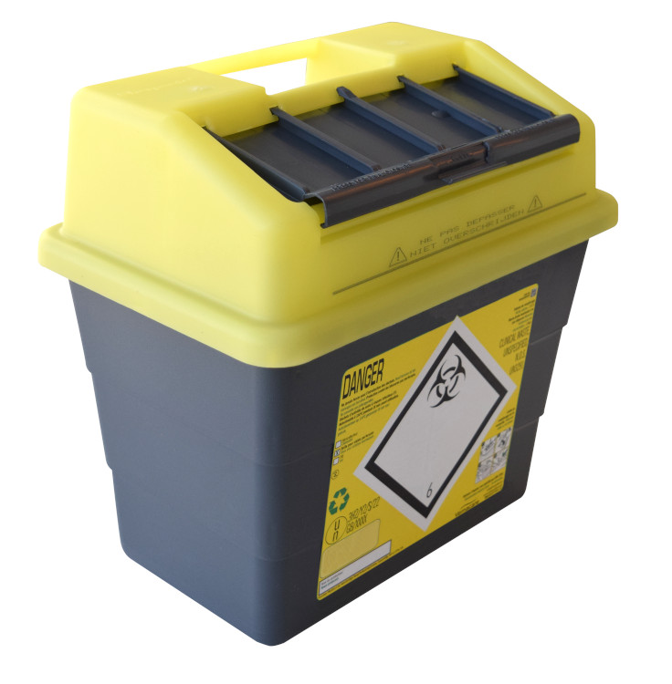 Sharpsafe 9L, black container with yellow lid, 5th GEN