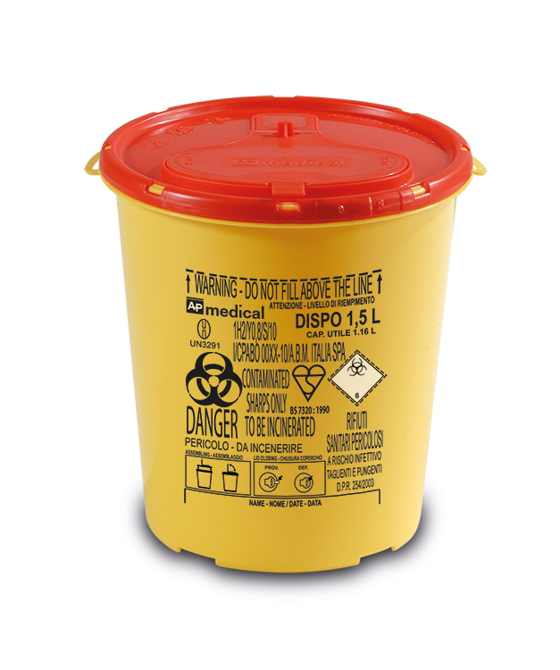 Sharps Container Line Dispo, round, yellow/red, 1,5 liter, diam. 14cm x 15,5cm height, AP Medical