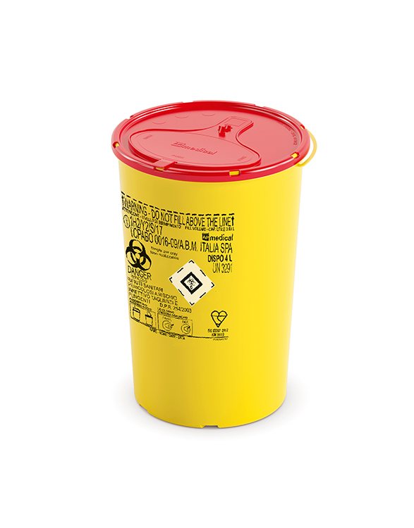 Naaldcontainer Dispo Line, rond, geel/rood, 4 liter, diam. 16,9cm x 25cm hoog, AP Medical