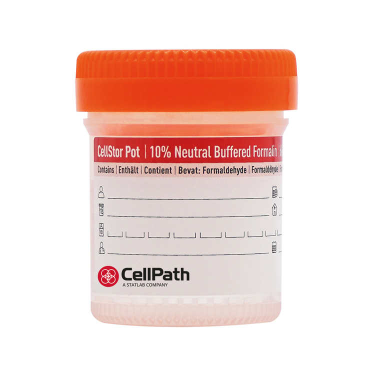 Cellstor pot 60ml with 40ml of 10% neutral buffered formalin, tray of 25, Cellpath