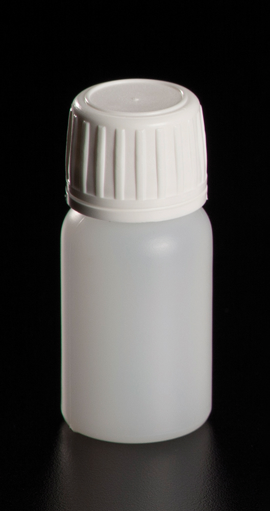 Flesje HDPE, 30ml, naturel, met witte druk-schroefdop, tamper evident, hoogte 69mm, Deltalab