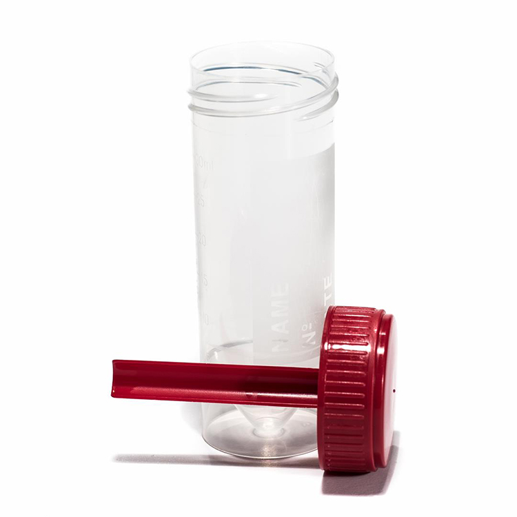 30ml faecesbeaker with spoon, red screwcap, polypropylene, single packed sterile, graduated, with frosted writing zone