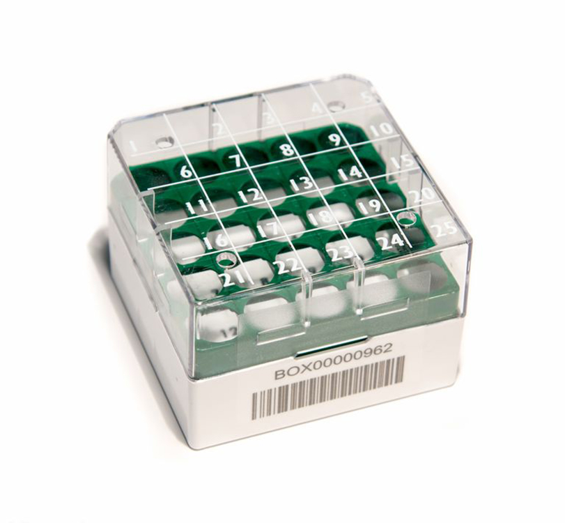 CryoGen 1D barcode box in pc for 25 1,2/2ml tubes, 76x76mm, green + writing area Biosigma