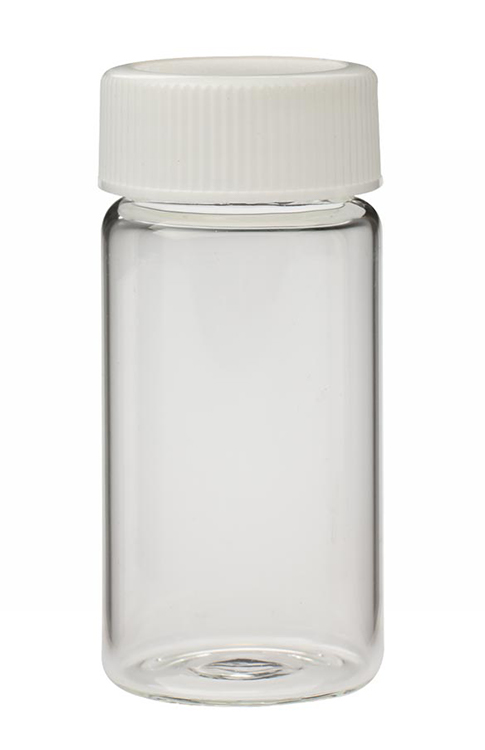 Fiole de scintillation, 20ml, verre claire, bouchon vissé avec joint mousse, polyéthylène blanc 24-400, diam.28 x 61mm haut, Wheaton