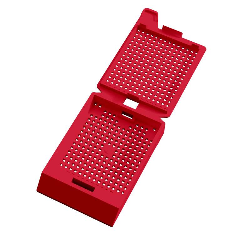 System III Biopsy cassette, with hinged lid, preloaded, red, Cellpath, for Primera/Diapath printer