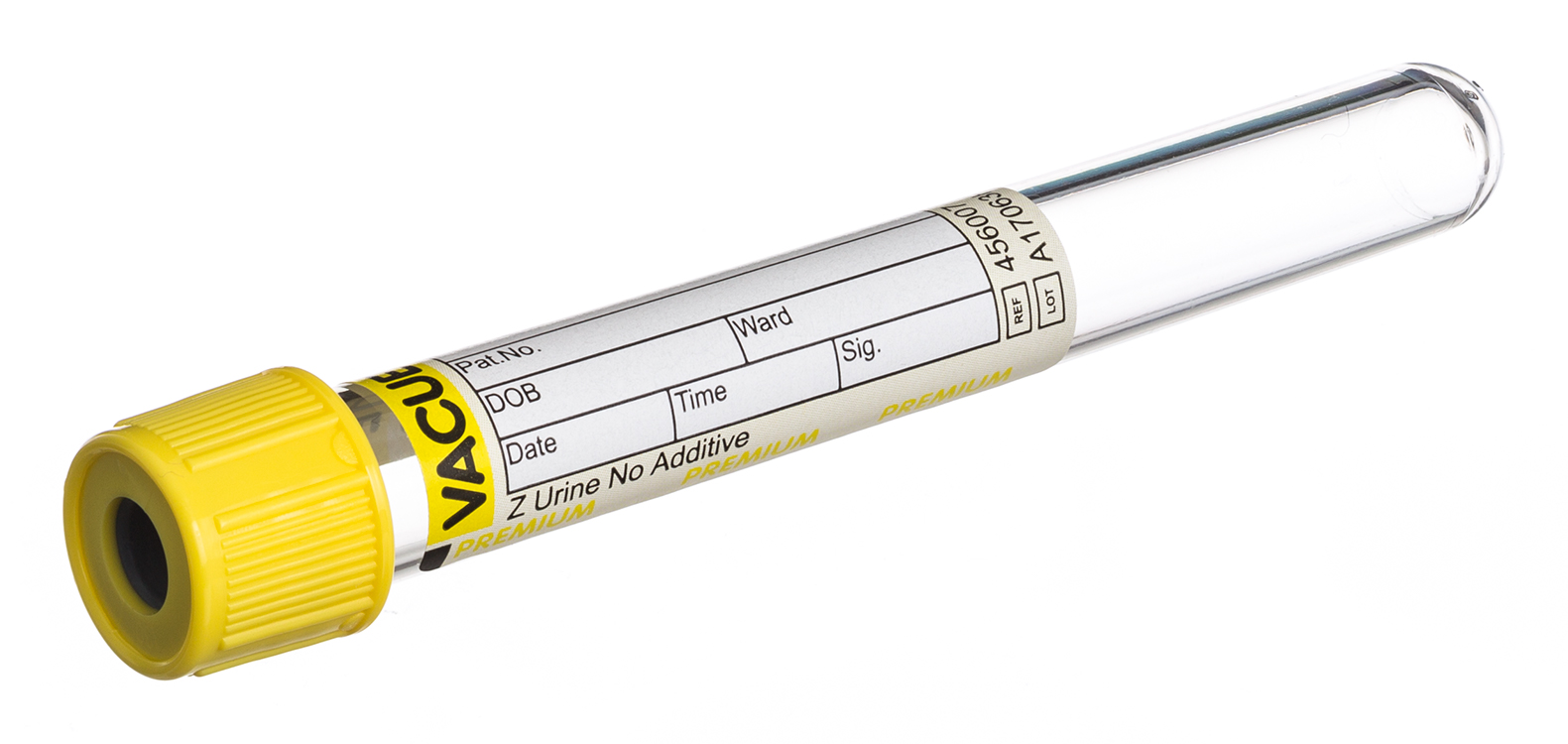 Vacuette urine tube 6ml, 100x13mm, yellow screw cap, no additive, round base, paper label, Greiner