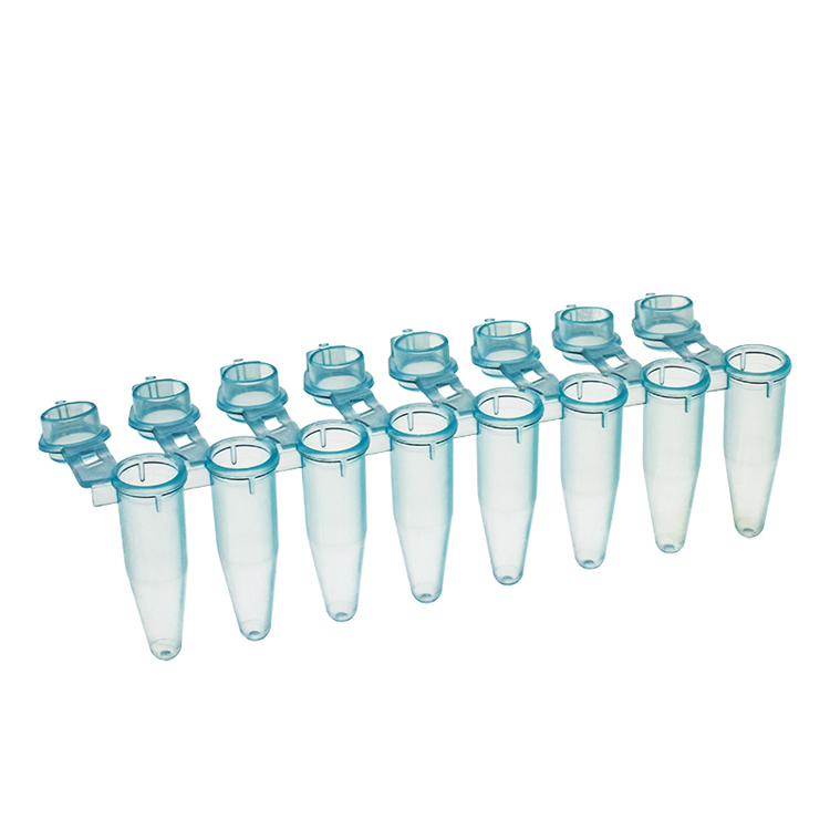 Strip van 8 microbuisjes 0.2ml blauw bolstopje PCR, simport