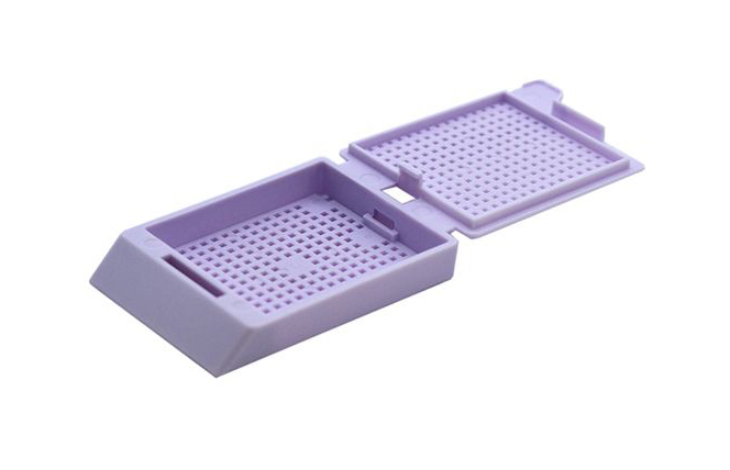 System III Biopsy cassette, with hinged lid, preloaded, lavander, Cellpath, for Leica/Sakura printer