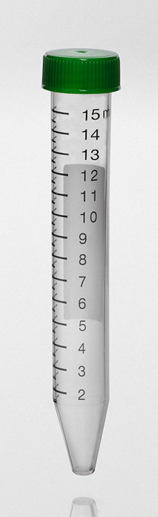 Tube 120x17mm, 15 ml conique, plp, avec plage d'écriture, bouchon à vis vert, stérile R, 17.000G