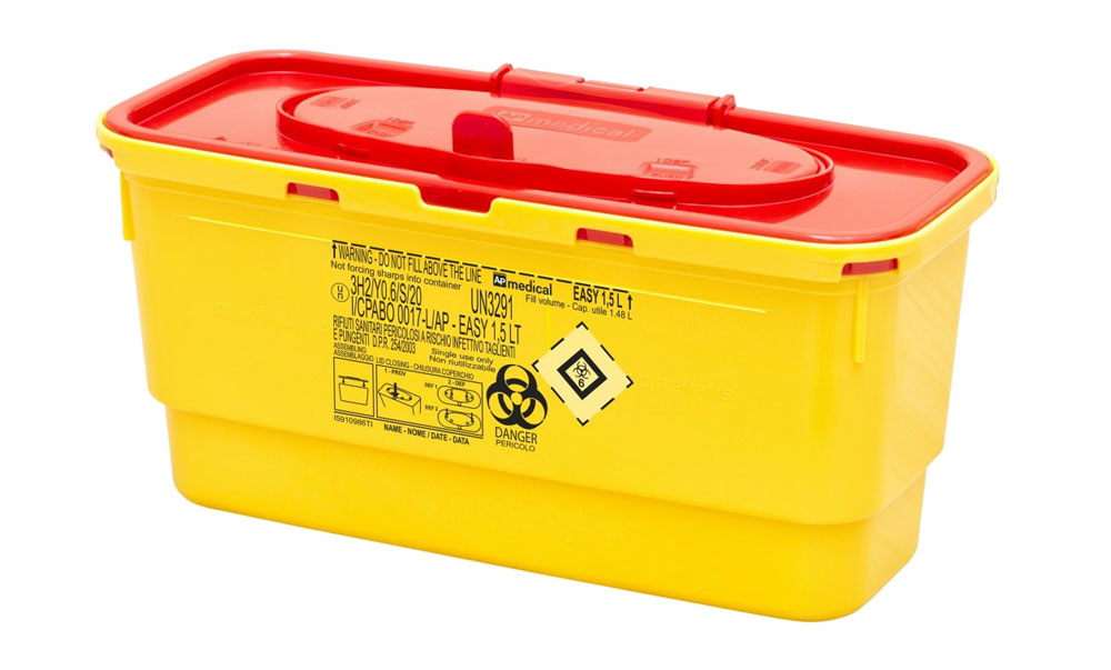 Naaldcontainer Easy, rechthoekig, geel/rood, 1,5L, afm. 24,5 x 10,5 x 12,1 cm, AP Medical