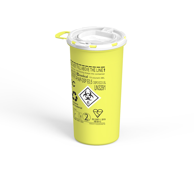 Sharps Container Line Dispo, round, yellow/white, 0,5 liter, diam.8,3cm x 15,1cm height, eco recycled, AP Medical