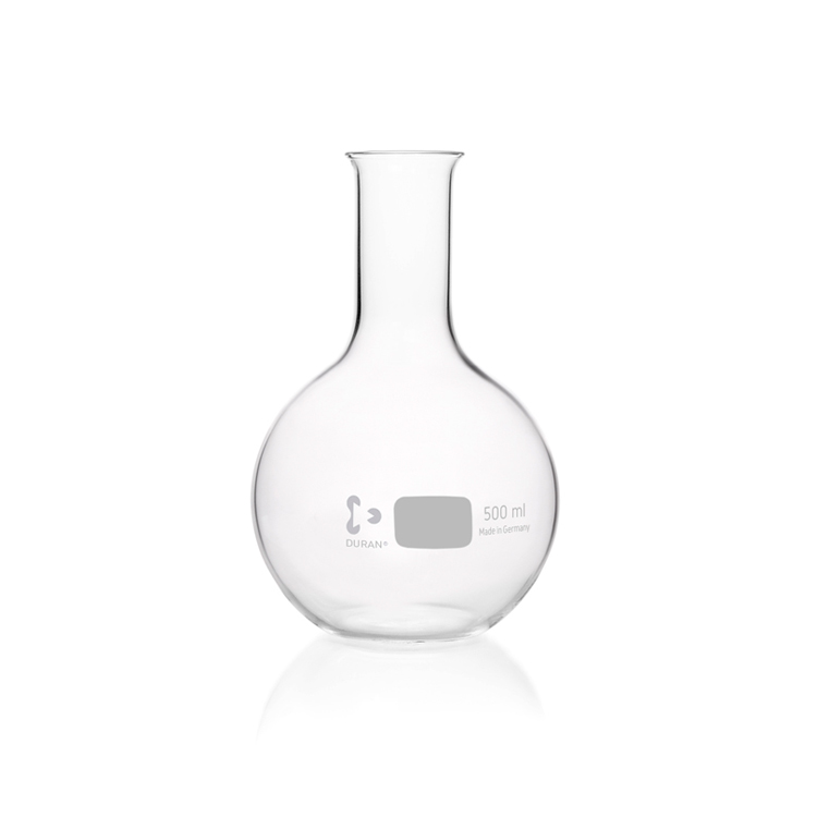 Flat bottom flask with narrow neck and beaded rim 500ml Duran