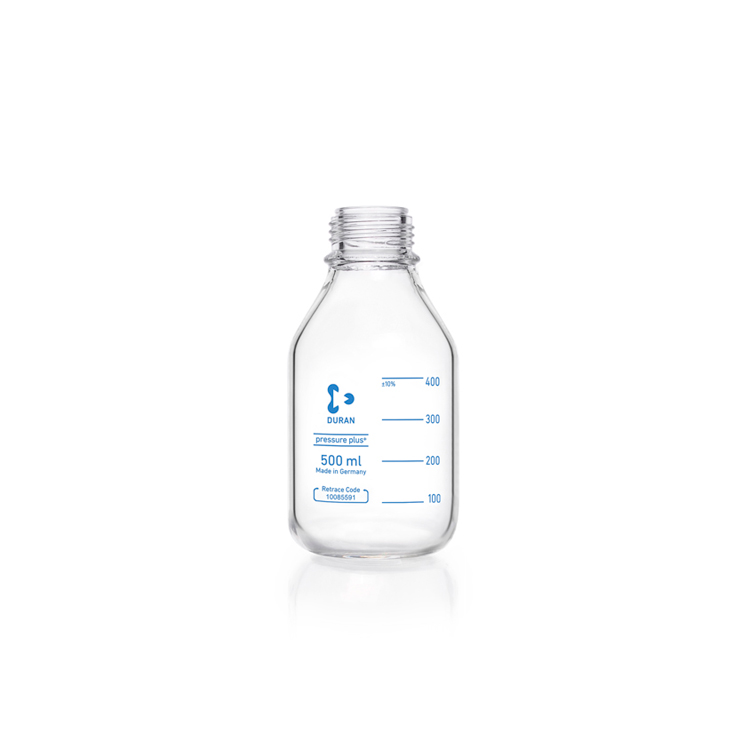 Pressure plus laboratory bottle 500ml transparant glass without screw cap, coated + graduated, Duran