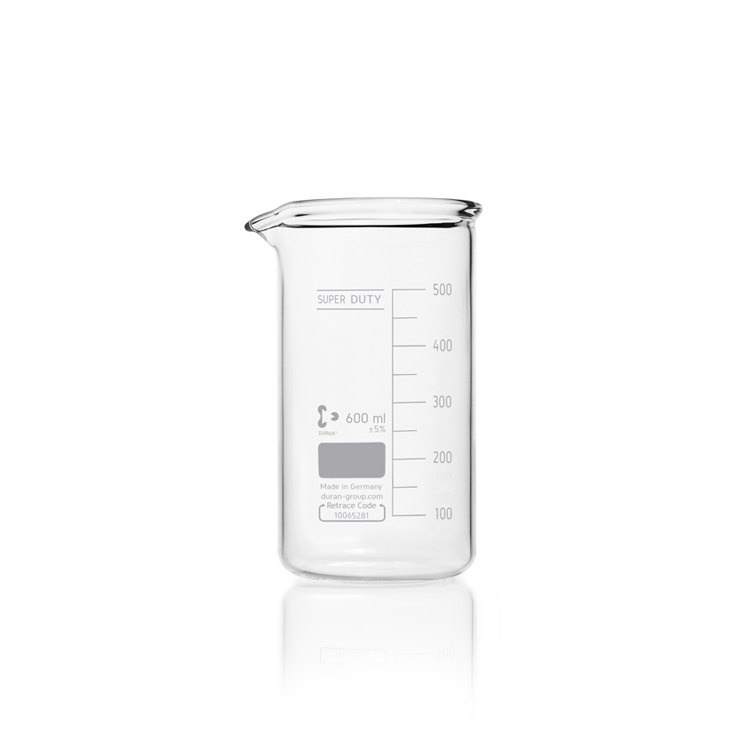 Beaker Super Duty 600ml, with reinforced rim, tall form with spout Duran