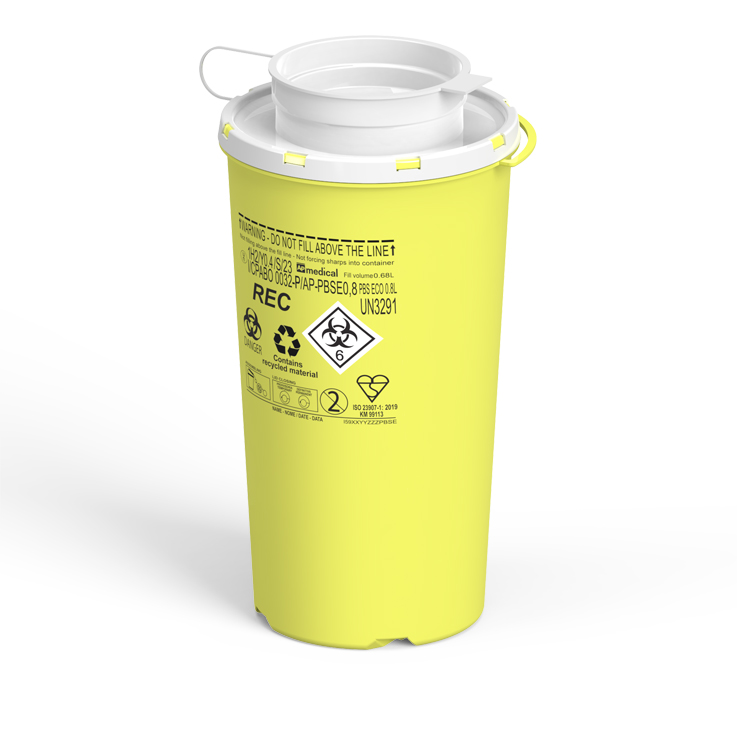 Sharps Container PBS Line, round, yellow/white, 0,8 liter, Ø 10cm x 18,5cm height, eco recycled, AP Medical