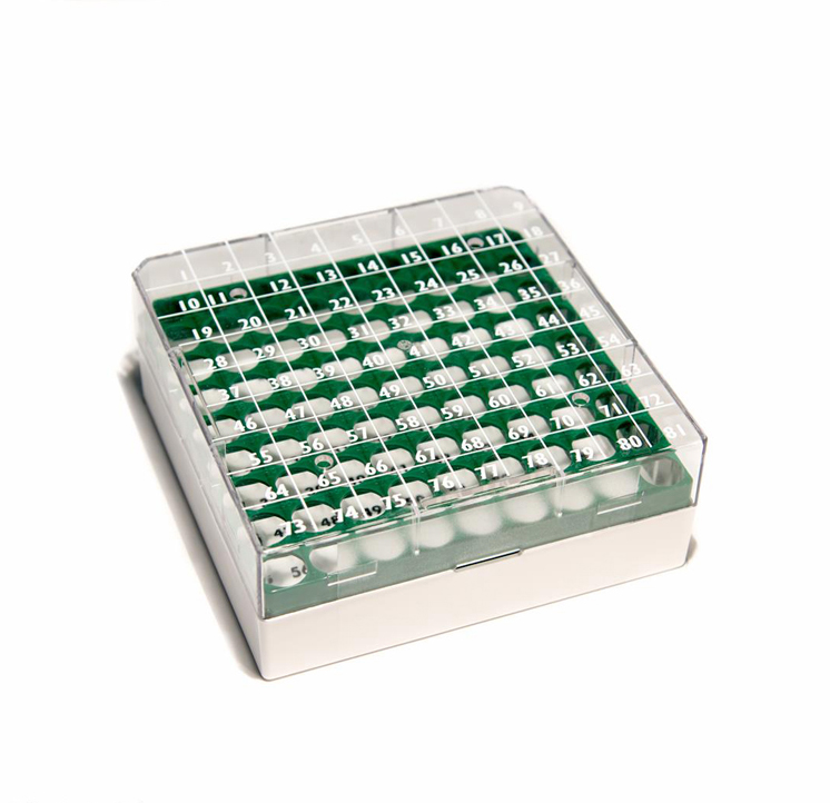 CryoGen box in pc for 81 1,2/2ml tubes 132x132mm, green grid + writing area Biosigma