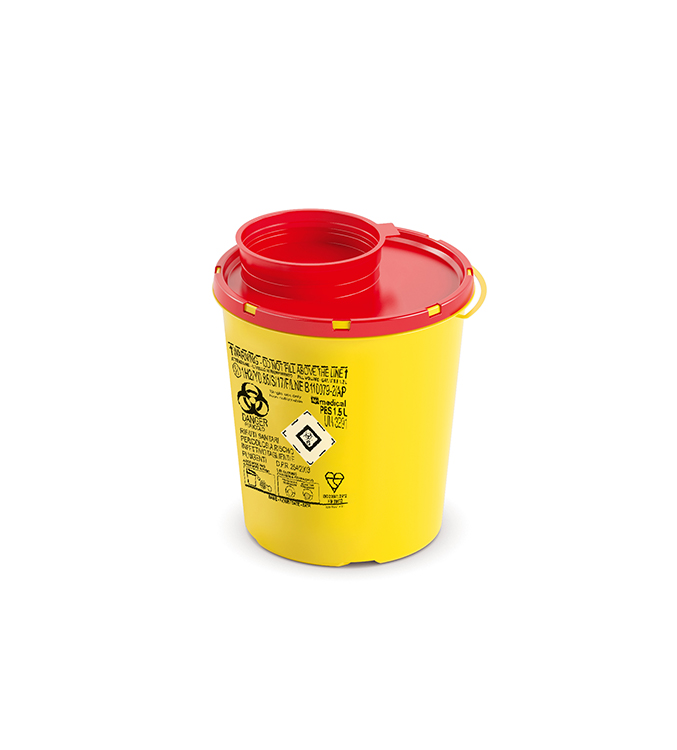 Sharps Container PBS Line, round, yellow/red,  1,5 liter, Ø 14cm x 16,5cm height, AP Medical