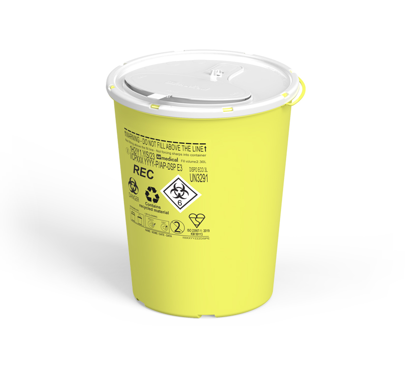 Sharps Container Line Dispo, round, yellow/white,  3 liter, diam. 16,9cm x 20,5cm height, eco recycled, AP Medical