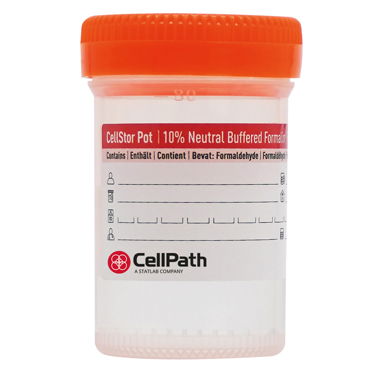 Cellstor pot 90ml with 60ml of 10% buffered formalin tray of 25 Cellpath