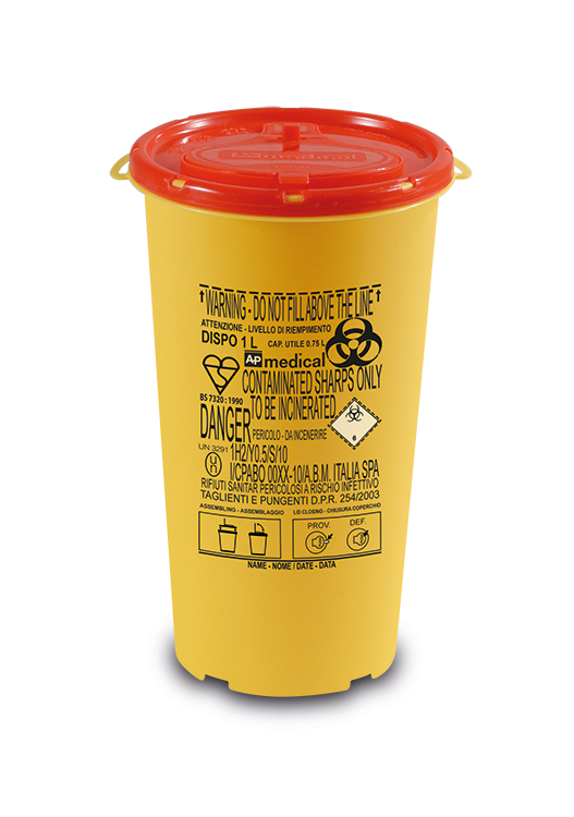 Sharps Container Line Dispo, round, yellow/red, 1 liter, diam.11cm x 18,2cm height, AP Medical