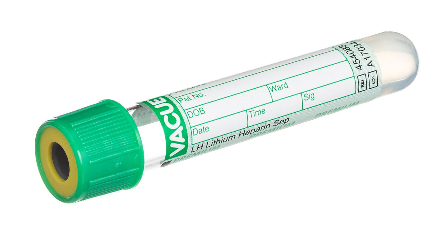 Vacuette tube  3.5ml, 75x13mm, lithium heparin, gel, green screw cap, paper label, Greiner