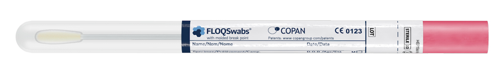 Flocked swab in dry tube, nylon tip, plastic applicator, breakpoint 100mm, single packed sterile, Copan