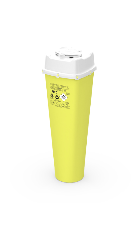 Sharps Container CS Plus Line, carré, jaune/blanc, 7 liter, 16,7 x 16,7 x 50cm, eco recycled, AP Medical