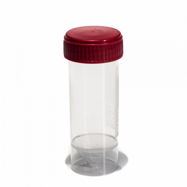 30ml beaker, red screwcap, polypropylene, single packed sterile, graduated, with frosted writing zone