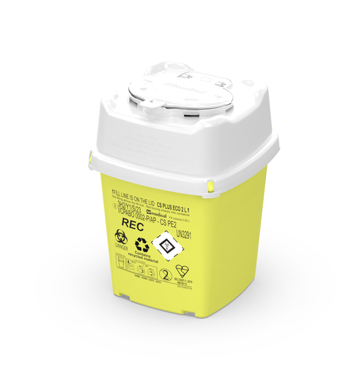 Sharps Container CS Plus Line, carré, jaune/blanc, 2 liter, 15,1 x 15,1 x 20cm, eco recycled, AP Medical