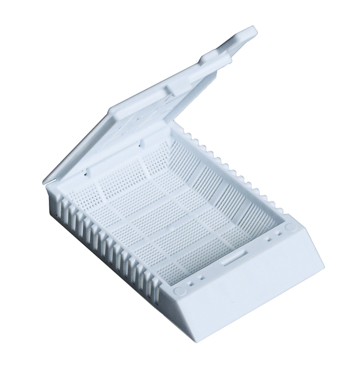 SuperFlo micro biopsie cassette, 1 compartiment with hinged lid white, in sleeves, Simport