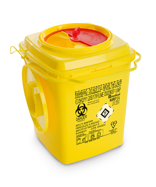 Sharps Container Nursy Line, carré, jaune/rouge, 3 liter, 15,5 x 15,5 x 20 cm, AP Medical