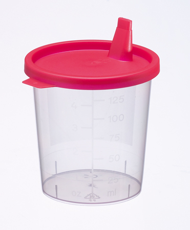 Beker 125ml met snapcap rood + giettuit, met graduatie, PP, niet gemonteerd, Bottger