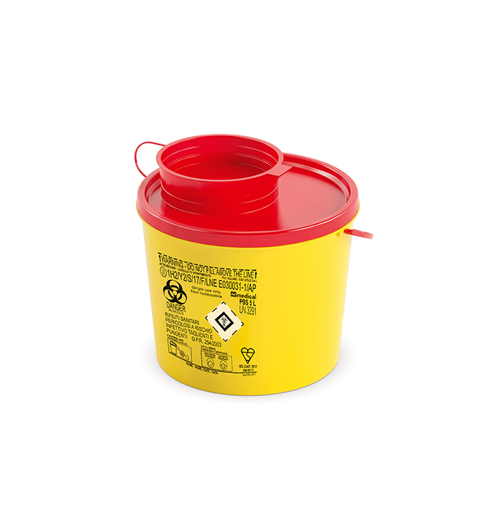 Naaldcontainer PBS Line, rond, geel/rood, 5 liter, 21,4 x 19,5 cm	, AP Medical