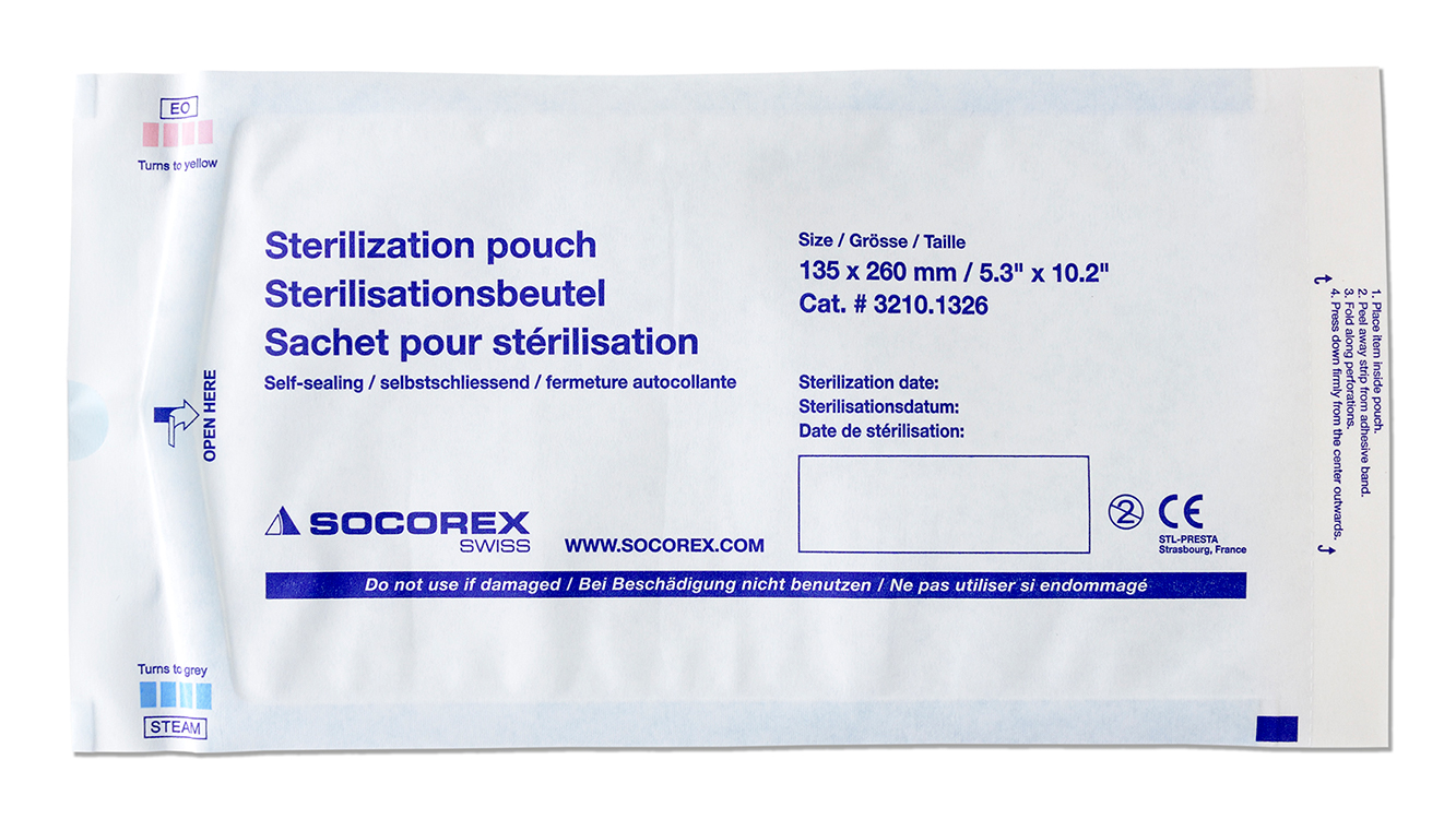 Sterilisation pouch peel off with indicator,  13,5x26cm, with protection strip, Socorex