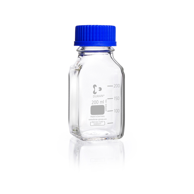 Laboratory bottle square 250ml, GL 45, with pouring ring + screw cap, with graduation, Duran