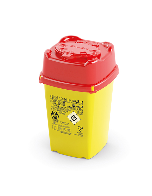 Sharps Container CS Plus Line, square, yellow/red, 3 liter, 15,1 x 15,1 x 23,7 cm height, AP Medical