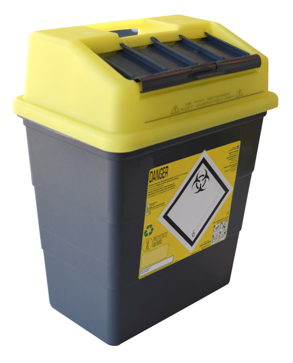 Sharpsafe 13L, black container with yellow lid, 5th GEN