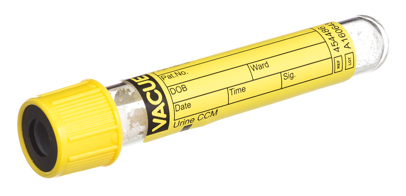 Vacuette tube d'urine 4ml, 75x13mm, bouchon à pression jaune avec anneau noir, CCM, fond rond, Greiner