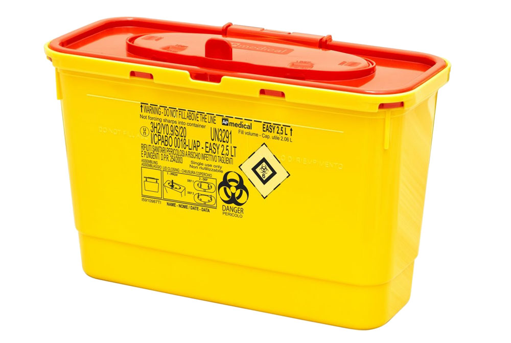 Sharps Container Easy, rectangulair, jaune/rouge, 2,5 liter, 24,5 x 10,5 x 16,1 cm, AP Medical