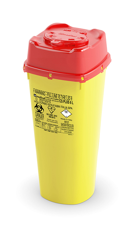 Sharps Container CS Flap Line, carré, jaune/rouge, 6 liter, avec valve de rétraction, 12x16,7x39cm largeur, AP Medical