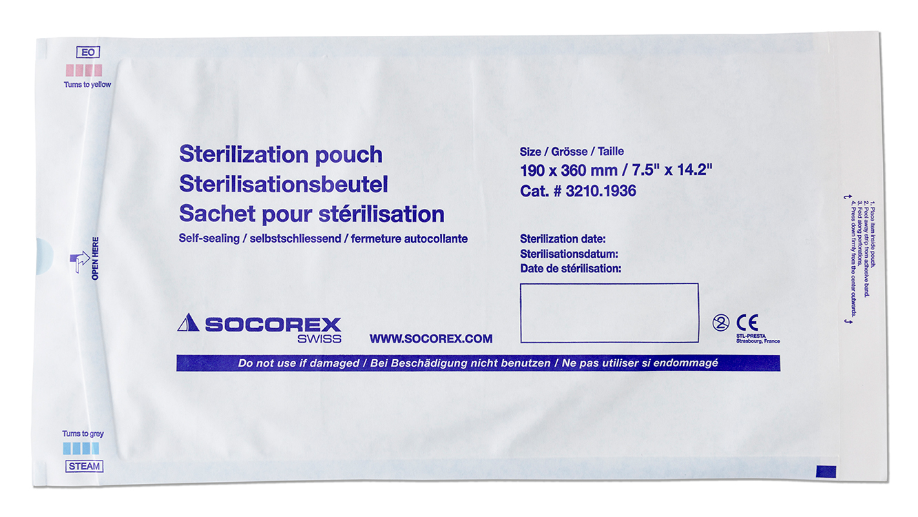 Sterilisation pouch peel off with indicator,  19x36cm, with protection strip, Socorex