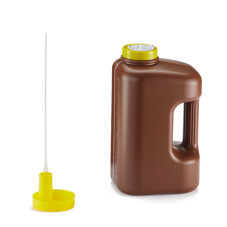 24H urine container, 3L, bruin, gele schroefstop, met transfer device (lange canule), Deltalab