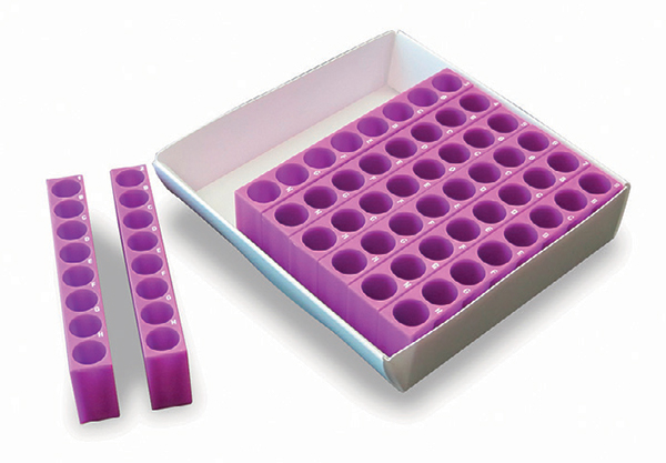 Trackrack purple with 8x8wells configuration for 1,5-2ml tubes, in plp box with lid, Heathrow