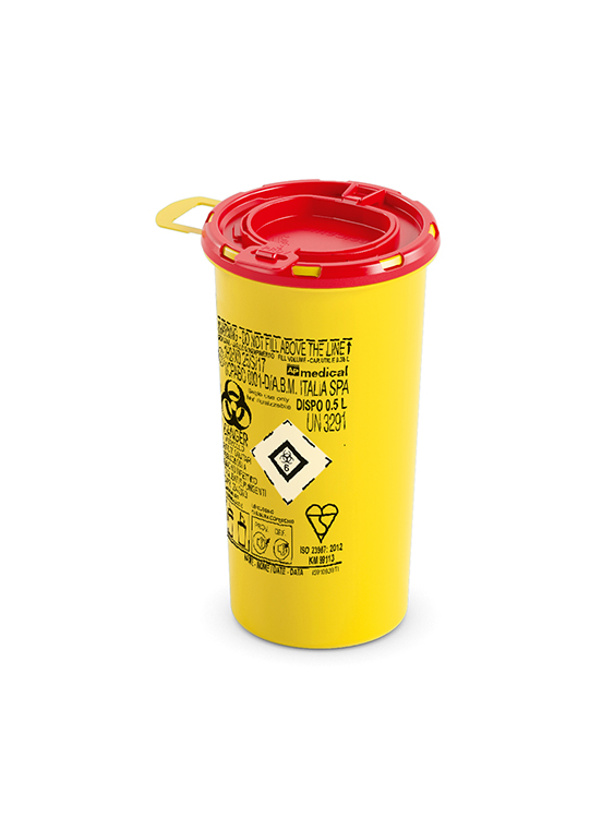 Sharps Container Line Dispo, round, yellow/red, 0,5 liter, diam.8,3cm x 15,1cm height, AP Medical