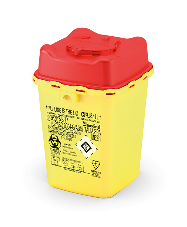 Sharps Container CS Plus Line, square, yellow/red, 10 liter, 22 x 22 x 32,5 cm width, AP Medical