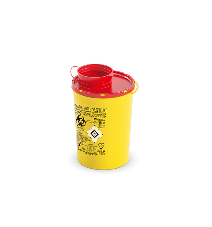 Sharps Container PBS Line, round, yellow/red, 0,6 liter, Ø 10cm x 14,5cm height, AP Medical