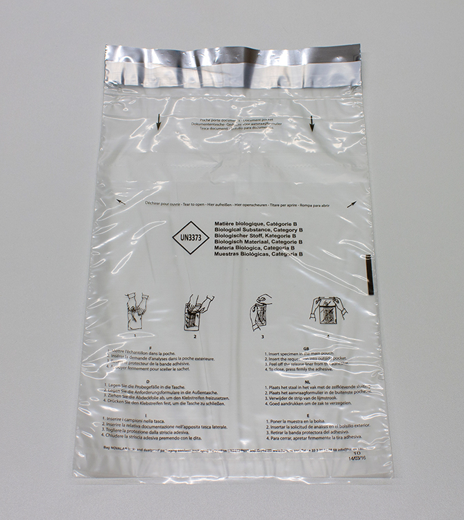 Safety bag 165x265mm, transparent + perforation strip + adhesif strip, printed with UN3373, MLS personalised, with pouch