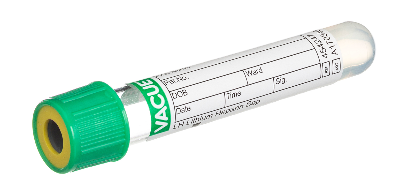 Vacuette tube 3ml, 75x13mm, lithium heparin with separator gel, green pressure cap with yellow ring, Greiner