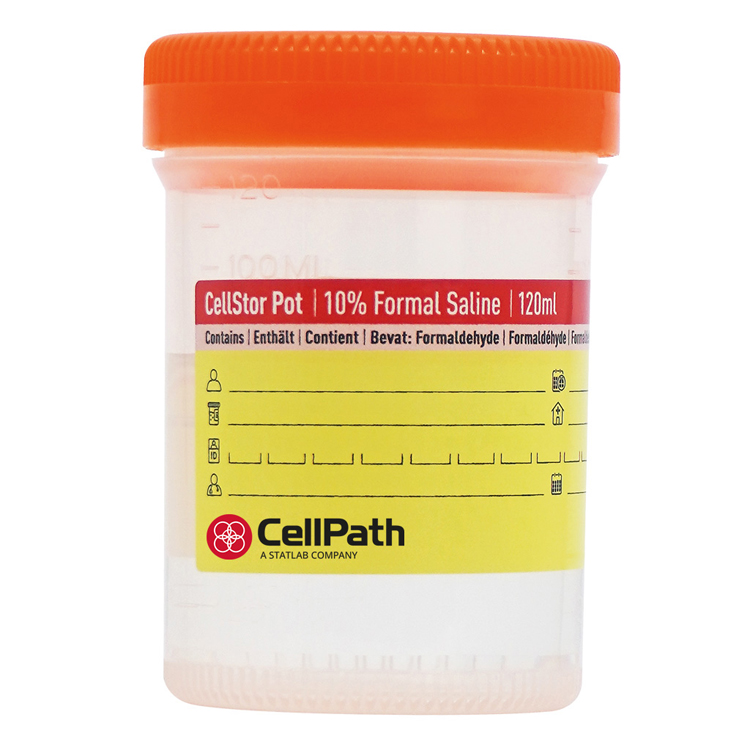 Cellstor pot 120ml with 90ml 10% formal saline tray of 20 Cellpath