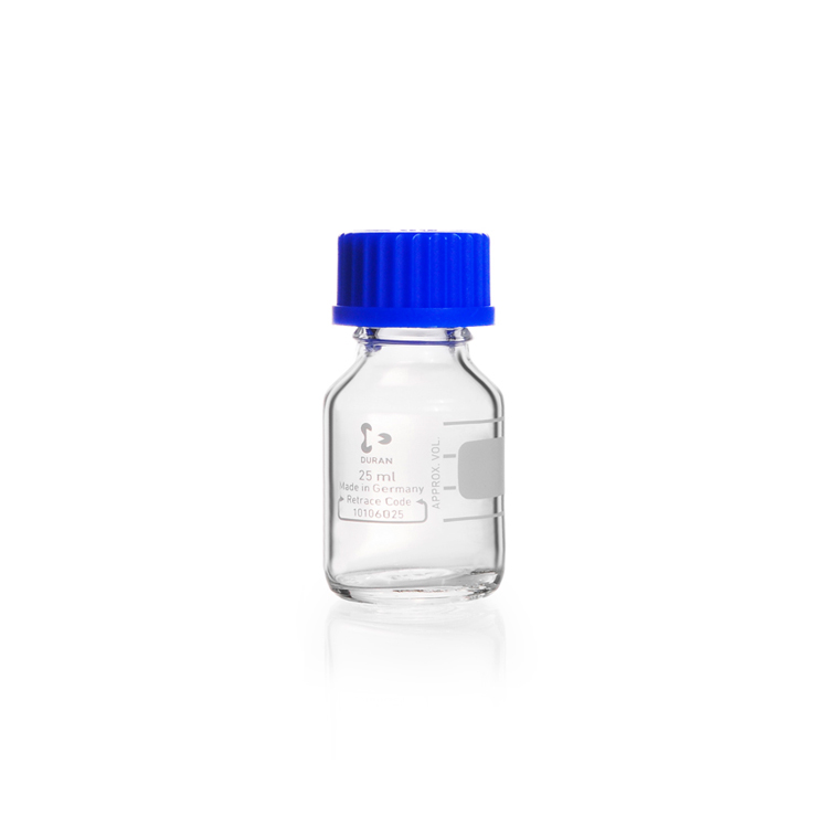 Laboratory bottle, clear, graduated, GL 25, with screw cap and pouring ring (PP), 25 ml Duran